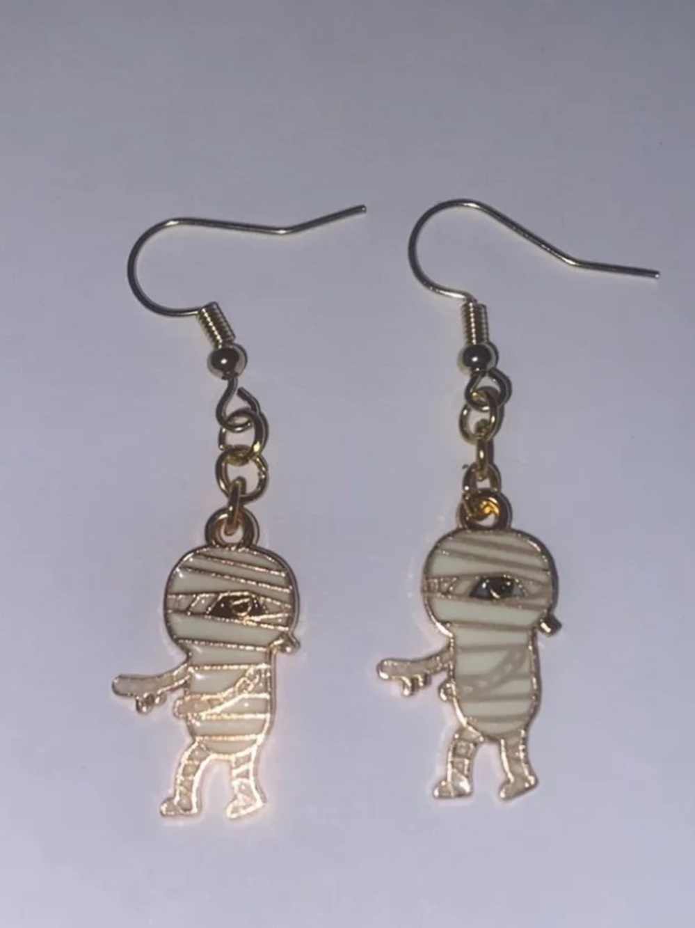 Gold Mummy Dangle Earrings - White Enamel